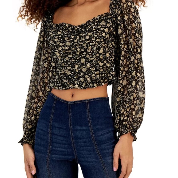 Astr Tops - ASTR the Label Helena Black & Gold Floral Cropped Top | Size Small